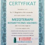Certyfikat ukończenia szkolenia z zakresu mezoterapii kosmetycznej igłowej