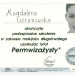 Certyfikat ukończenia profesjonalnego szkolenia w zakresie makijażu długotrwałego z uzyskaniem tytułu permwizażysty